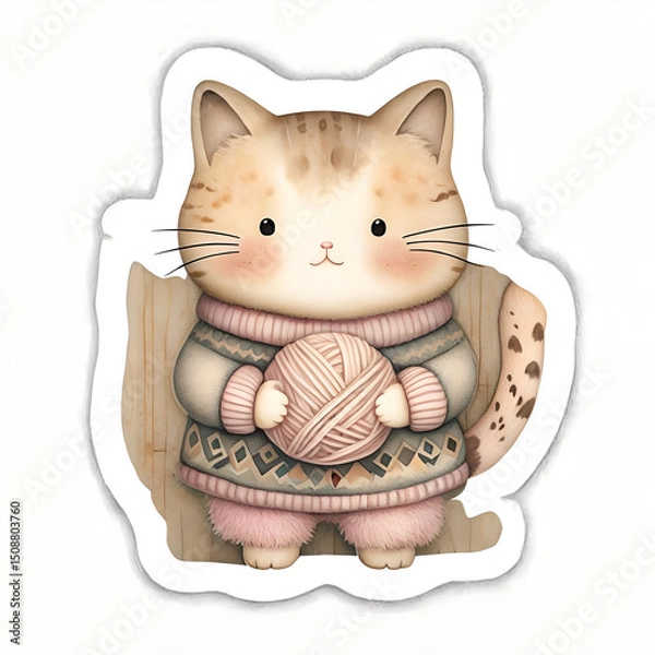 Fototapeta Whimsical Cat Character In Cozy Sweater With Yarn