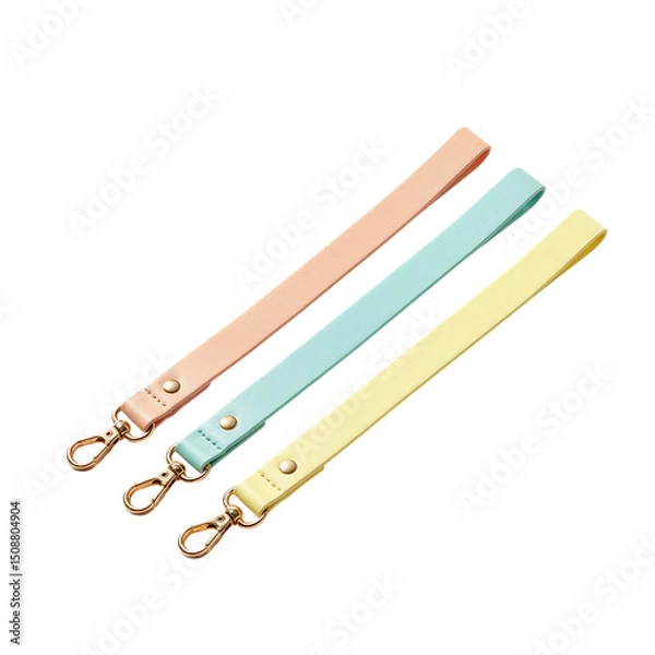 Obraz Pastel Leather Wrist Straps with Gold Hardware on White Background, Fashion Accessories.