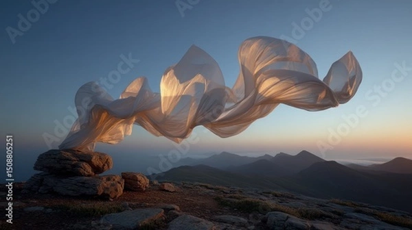 Obraz Ethereal fabric floats above a rocky mountain peak at sunrise creating dreamlike scene