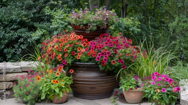 Obraz A vibrant outdoor garden scene featuring a tall clay pot filled with dark red and orange petunias, surrounded by a variety of colorful flowers and lush greenery.