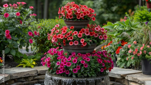 Obraz A vibrant outdoor garden scene featuring a tall clay pot filled with dark red and orange petunias, surrounded by a variety of colorful flowers and lush greenery.