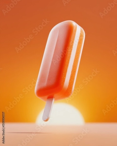 Fototapeta Orange Popsicle at Sunset: A Minimalist Summertime Treat. This vibrant image captures the essence of summer with a refreshing popsicle against a warm sunset backdrop. Perfect for s