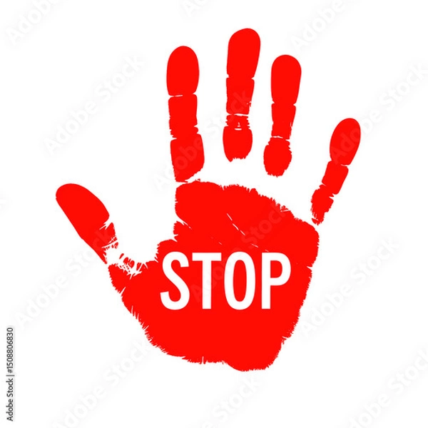 Fototapeta Red hand print with stop sign isolated on transparent background, png image 