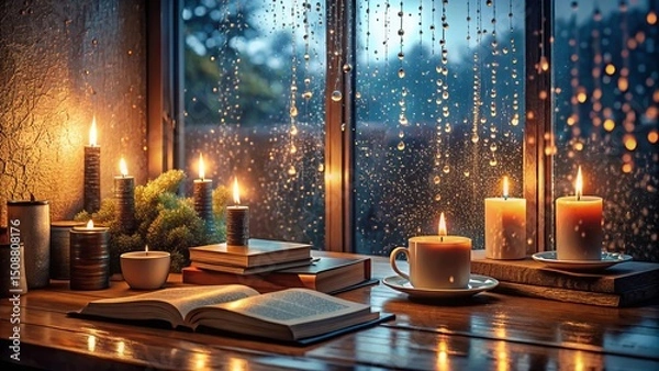 Obraz Cozy Rainy Window Scene with Books and Candlelight 16