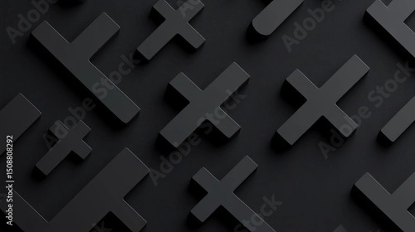 Fototapeta Abstract dark gray background with repeating plus and T shapes.