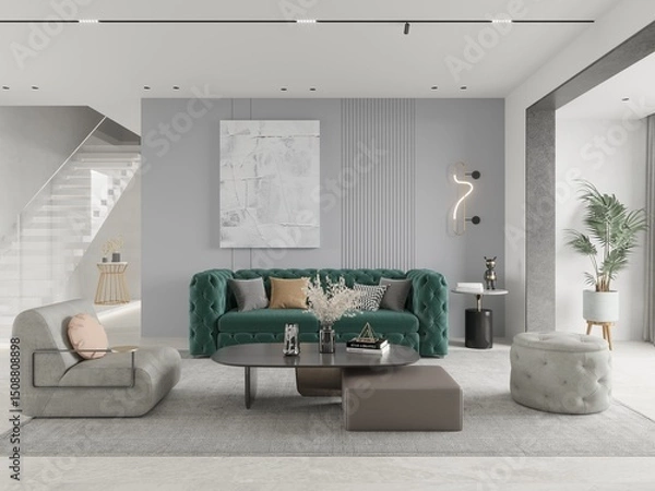 Fototapeta Mock up of a bright spacious living room with an original comfortable sofa and a stylish decorative background, 3D rendering.