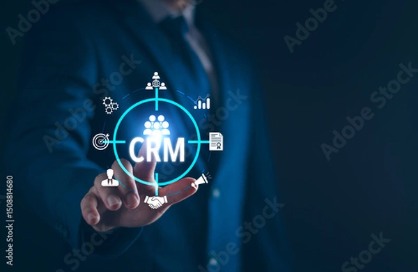 Fototapeta Customer relationship management or CRM concept. Businessman focus on crm loyalty, online business network technology, Global customer service system build brand loyalty.