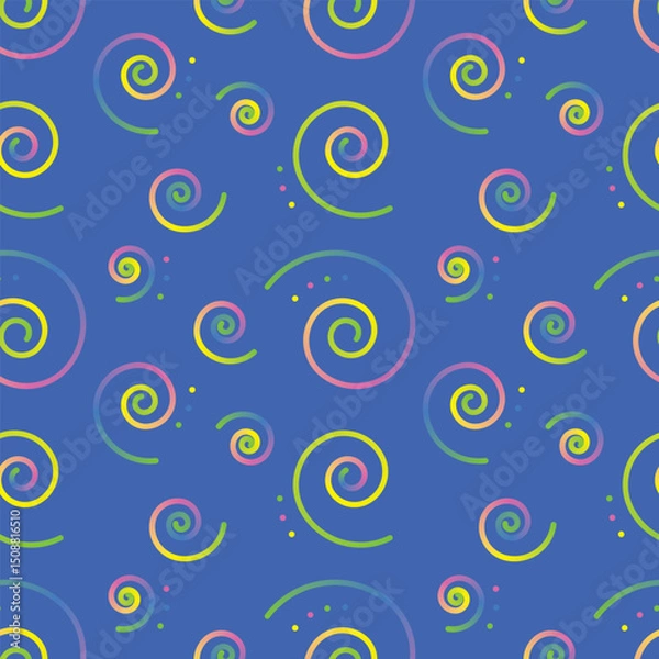 Fototapeta Print Colorful seamless swirl vector  pattern on deep blue background with playful pastel spirals and childlike curls for fun textile projects