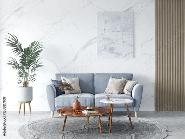 Fototapeta Mock up of a stylish living room with a comfortable modern sofa and an elegant decorative background, 3D rendering.