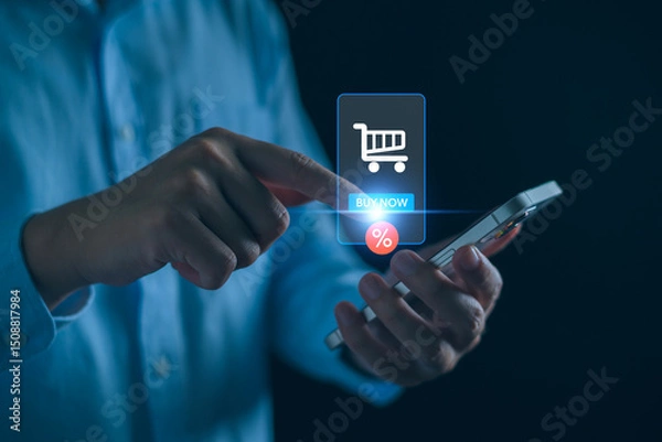 Fototapeta A person shopping online with smartphone, e-commerce app, using discount buy products, digital payment.