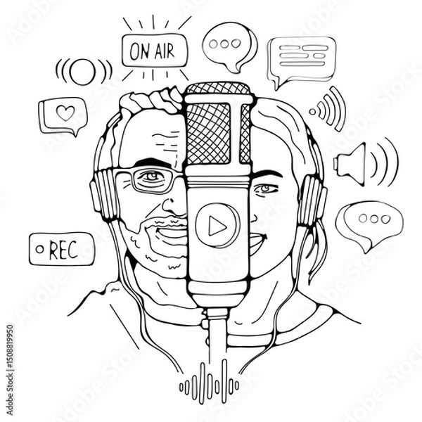 Fototapeta Podacasters going live illustration in vector
