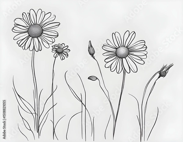 Fototapeta Daisy flowers  simple hand drawing line art style white background