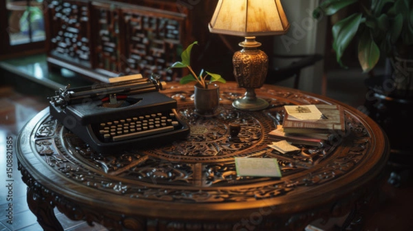 Obraz A beautifully carved wooden table adorned with an antique typewriter, scattered notes, and a vintage lamp, creating a nostalgic atmosphere in a luxurious vintage setting.