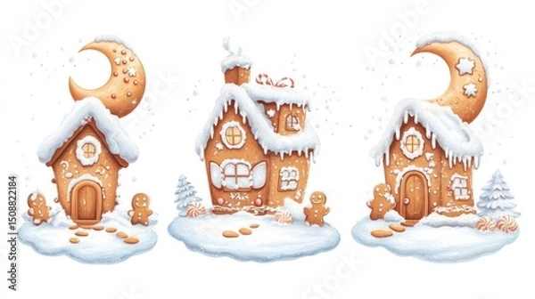 Fototapeta Enchanted Gingerbread Village: A whimsical winter wonderland featuring three charming gingerbread houses adorned with snow, candy, and crescent moons.