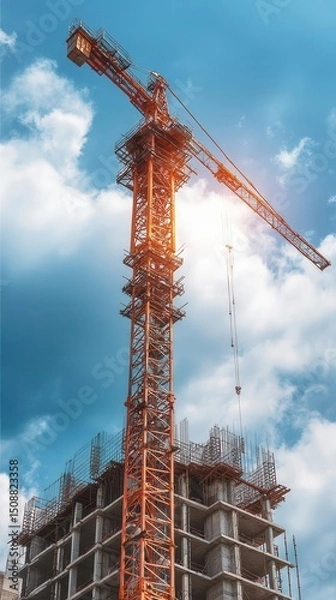 Fototapeta Construction crane over high rise building under construction