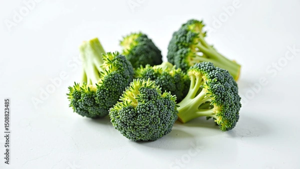 Obraz Fresh green broccoli florets on a white background for healthy eating and nutrition concepts.