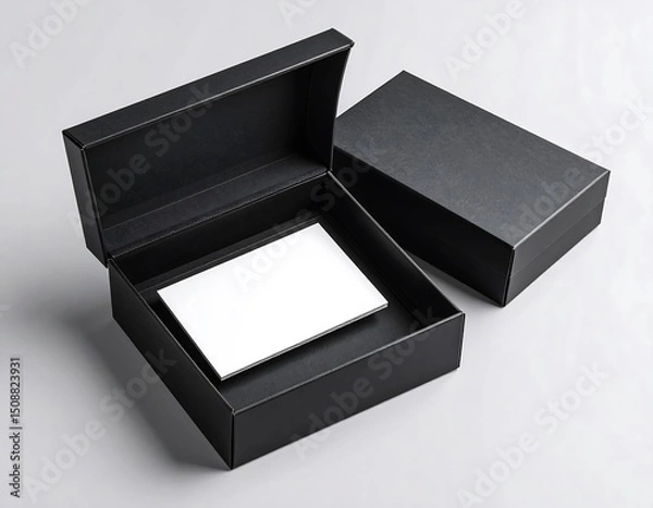 Obraz Black rectangular box with lid ajar, showcasing a blank white card inside