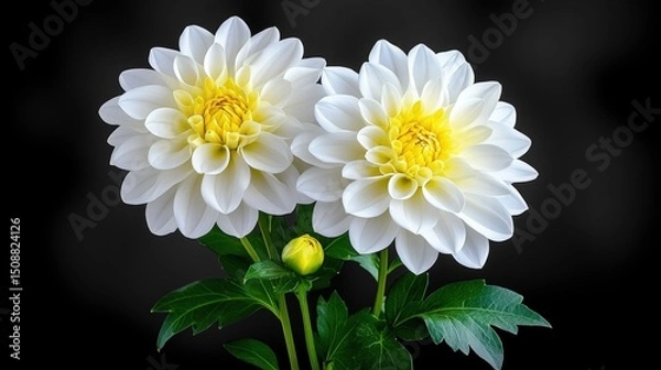Obraz Close Up Of Two White Dahlias With Yellow Centers And Green Leaves