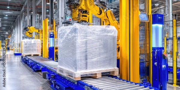 Fototapeta Robotic arm lifting wrapped pallet in modern factory