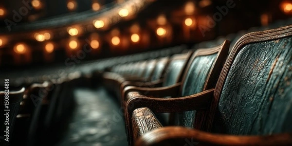 Fototapeta Row of vintage theater seats illuminated by ambient lighting during a performance at an ornate venue