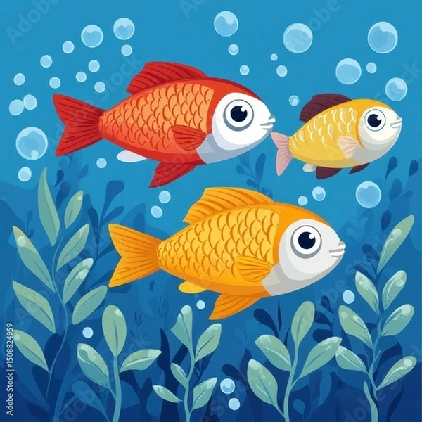 Fototapeta Colorful fish swimming in an underwater scene with bubbles and aquatic plants in a tranquil setting