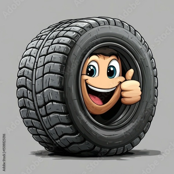 Fototapeta Happy character gives thumbs up from inside a large tire on a plain gray background