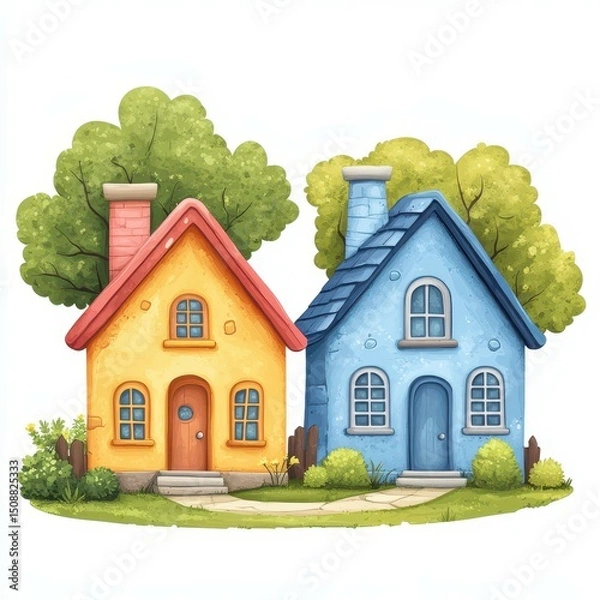 Fototapeta Colorful houses with trees and a pathway in a cheerful neighborhood during a sunny day