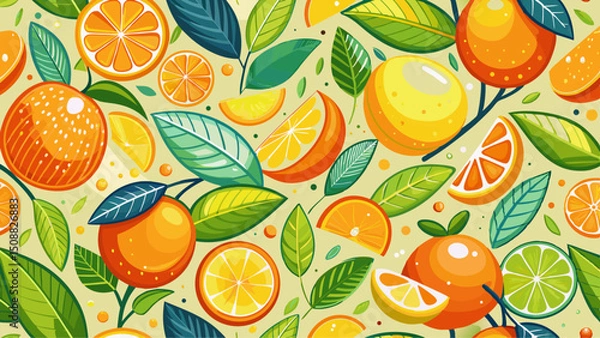 Fototapeta Lovely colorful vector seamless pattern with cute oranges, lemons and leaves in bright colors.