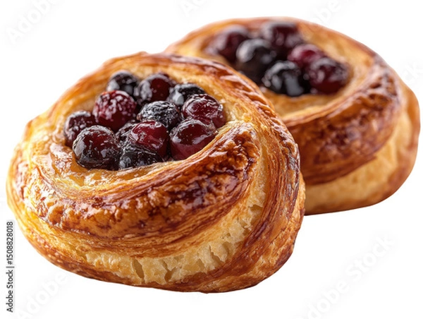Fototapeta Berry Danish Delight: Two delectable danishes, adorned with fresh berries and a golden glaze, offer a tempting glimpse into the world of artisan pastries, evoking the warmth of a cozy cafe.
