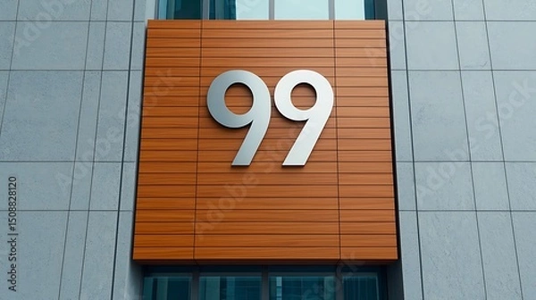 Obraz A modern building facade featuring the number "99" on a wooden panel against a gray wall.