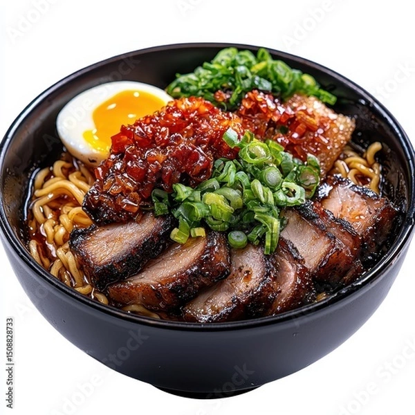 Obraz Dark Bowl of Ramen Noodles with Char Siu Pork and Soft Boiled Egg