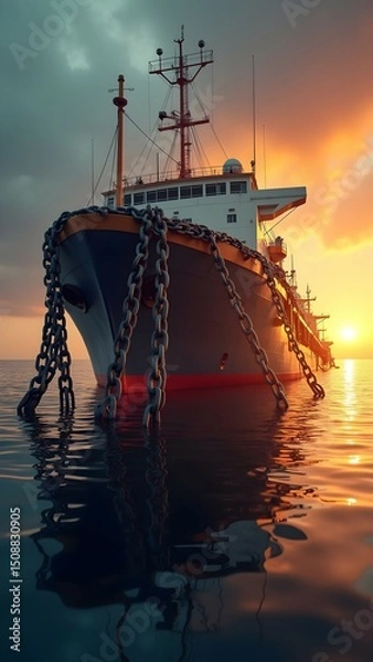 Fototapeta Sunset view of a large cargo ship in chains anchored in calm waters