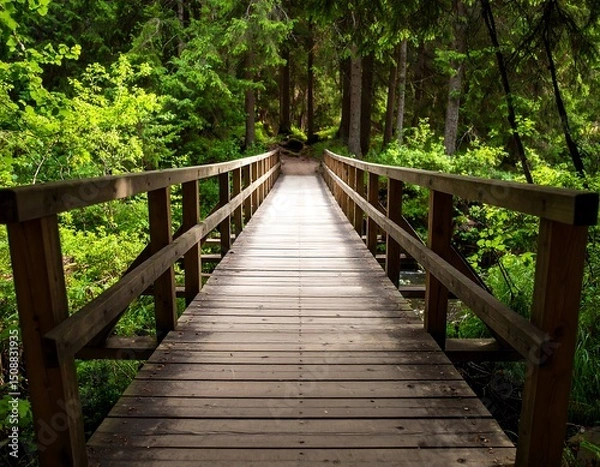 Fototapeta Wooden footbridge spanning a tranquil stream, nestled within a lush, green forest
