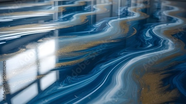 Fototapeta "Futuristic Modern Epoxy Resin Floor Design Featuring Swirling Abstract Patterns, Metallic Pigments, 3D Optical Illusions, and a High-Gloss Smooth Finish for Contemporary Interiors"