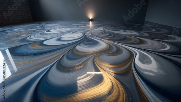 Fototapeta "Futuristic Modern Epoxy Resin Floor Design Featuring Swirling Abstract Patterns, Metallic Pigments, 3D Optical Illusions, and a High-Gloss Smooth Finish for Contemporary Interiors"