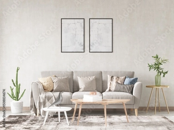 Fototapeta Mock up of an original compact living room with a fashionable classic sofa and a light decorative background, 3D rendering.