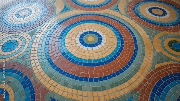 Fototapeta "Vibrant Colorful Mosaic Tile Floor Featuring Circular Motifs, Abstract Mediterranean-Inspired Patterns, Handcrafted Aesthetic, and Dynamic Artistic Design for Bold Interior Spaces"