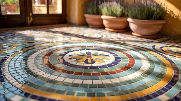 Fototapeta "Vibrant Colorful Mosaic Tile Floor Featuring Circular Motifs, Abstract Mediterranean-Inspired Patterns, Handcrafted Aesthetic, and Dynamic Artistic Design for Bold Interior Spaces"