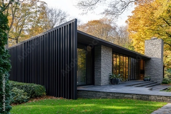 Fototapeta Modern architectural design blends seamlessly with nature in a residential property surrounded by vibrant autumn foliage
