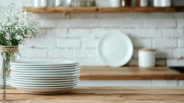 Fototapeta A clean stack of white plates on a wooden countertop, juxtaposed against a rustic kitchen background, highlighting simplicity and elegance in everyday dining environments.