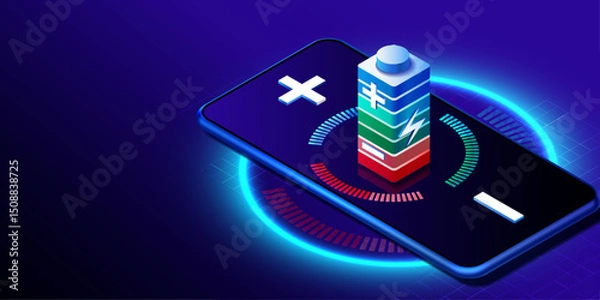 Fototapeta Battery charge of smartphone. Electric discharge lightning in neon isometric design. Power light energy storage. Accumulator high voltage, long battery charge. Technology vector illustration.