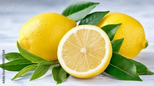 Fototapeta Close up two whole lemons and a half lemon are laying on a rustic wooden table, surrounded by vibrant green leaves, showcasing the freshness and natural beauty of the fruit