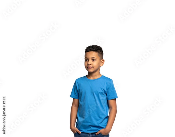 Fototapeta Young boy in blue tshirt with hands in pockets looking to the side