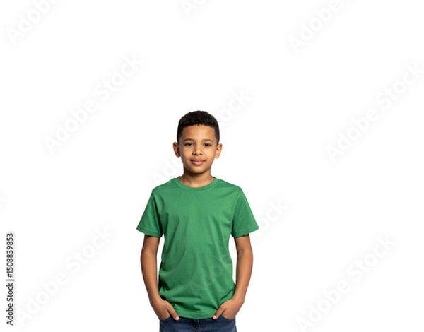 Fototapeta Young Boy in Green TShirt with Hands in Pockets Smiling Gently