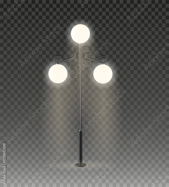 Fototapeta Realistic vector Modern and vintage city street lights row working at night. Urban electrical lightning system. Glowing retro lampposts