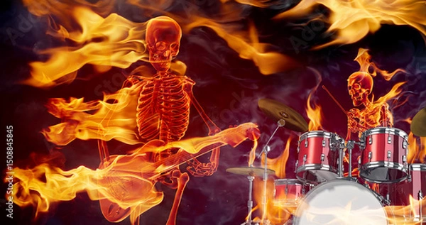Fototapeta Fire skeletons play guitar and drums. Scary rock band. 3D render with real fire flames filmed in slow motion.