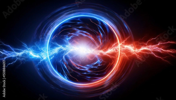Fototapeta vibrant circular energy field emitting blue and red electric bolts creating a powerful and dynamic visual effect on a dark backdrop magnetic light resonance illustration