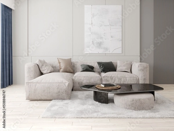 Fototapeta Mock up of a spacious stylish living room with a large comfortable sofa and a light decorative background, 3D rendering.