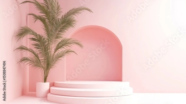 Fototapeta Pink Minimalist Studio with Palm Plant and Circular Podium