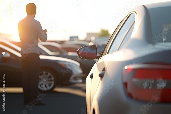 Fototapeta An adult inspects various rental cars on a dealership lot, assessing features and options. The sunlight brightens the setting, creating excitement.